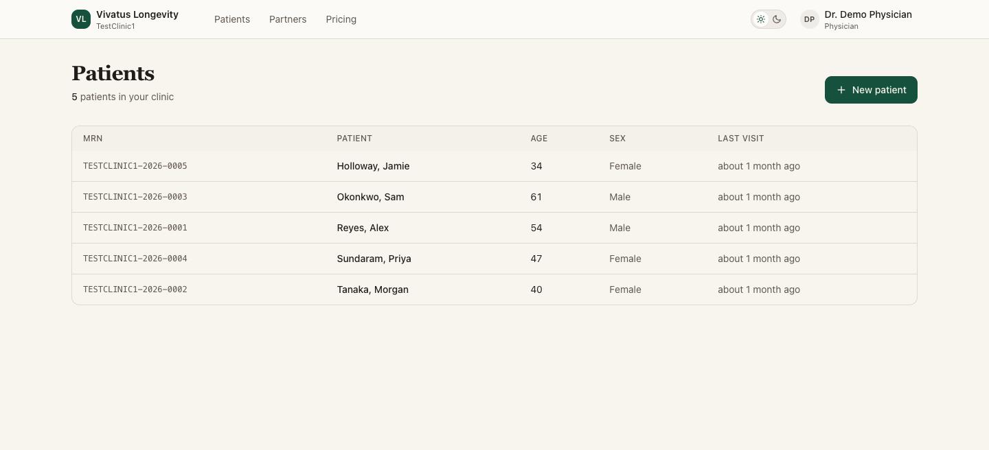 Patient roster screen listing five synthetic patients with medical record numbers, ages, and last-visit dates.